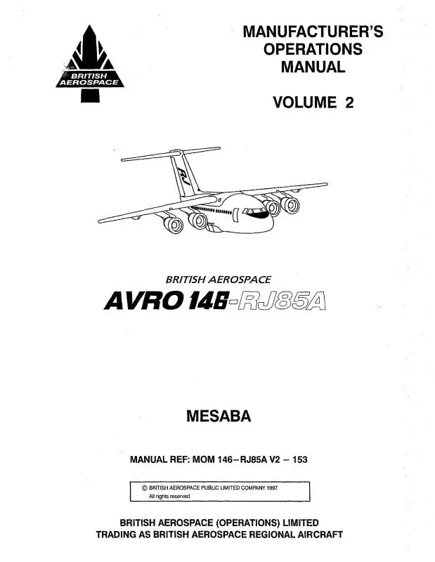 British Aerospace Avro 146-Rj85a 1997 Operations Manual (Mom-146-Rj85a-V) 1