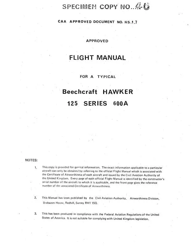 Dehavilland Beechcraft Hawker 125 Ser 600A Flight Manual (Dehs125600a-F-C) 1