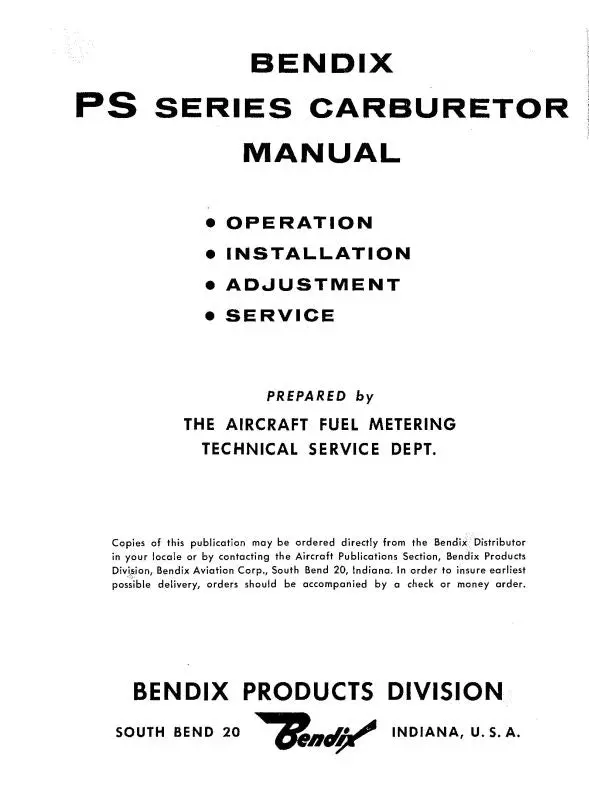 Bendix Ps Series Carburetor Ops, Installation, Adjustment, Service (Psseries) 1