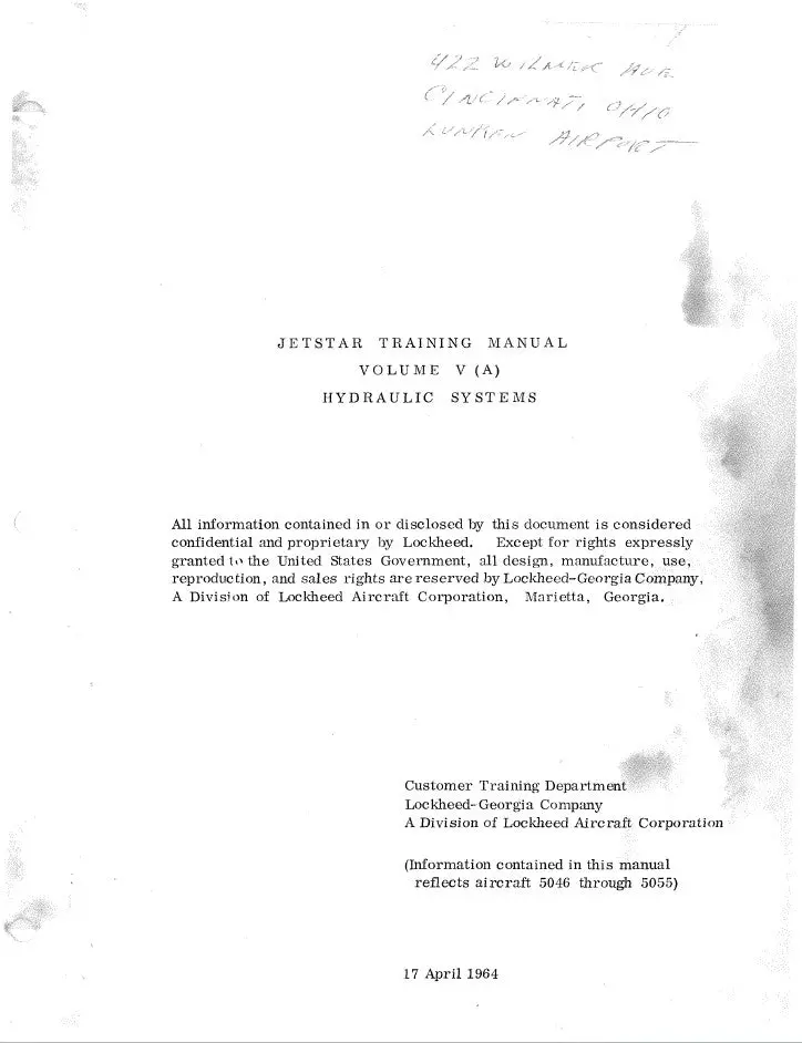Lockheed Jetstar Training Manual Volume 5A Hydraulic Systems A/C 5046-5055 (Lhjetstarhyd-Mc) 1