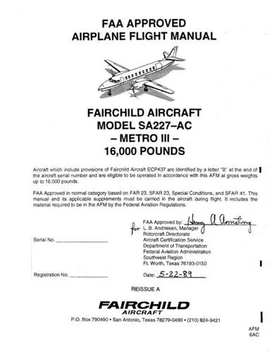 Merlin Aircraft Sa-227-Ac Metro Iii 1989 Flight Manual (Mnsa227ac-89-Fc) 1