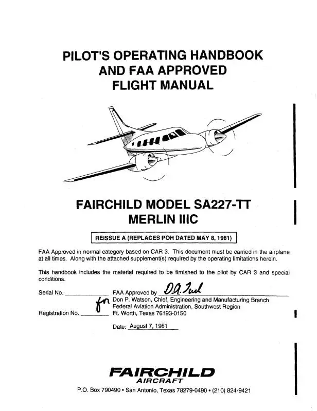 Merlin Aircraft Sa227-Tt Merlin Iiic 1981 Pilot's Operating Handbook & Flight Manual (Mnsa227tt81pohc) 1