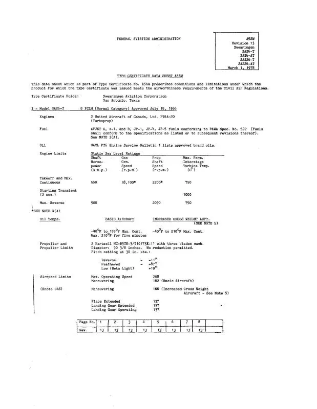 Merlin Aircraft Sa26-T,At,Sa226-T,At 1978 Aircraft Specification (Spec.-No.-A5sw) 1