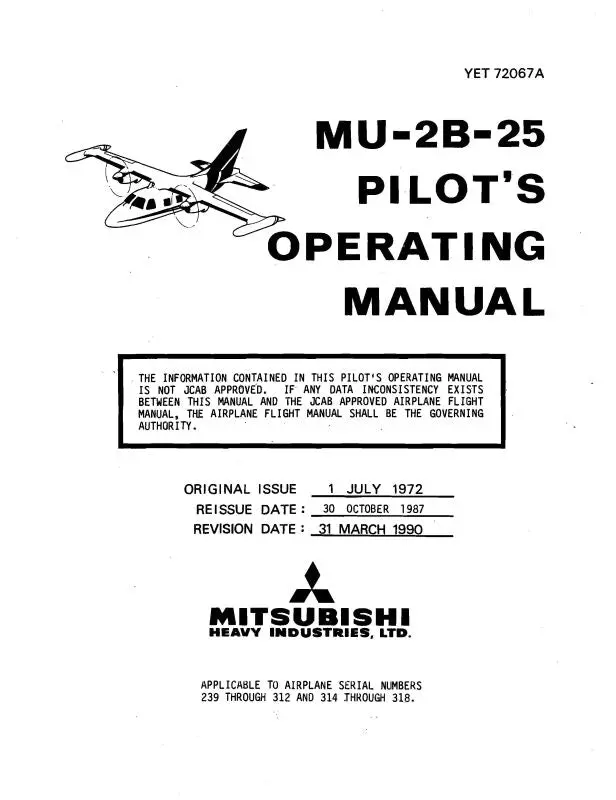 Mitsubishi Heavy Industries Mu-2B-25 1972 Pilot's Operating Manual (Yet-72067A) 1