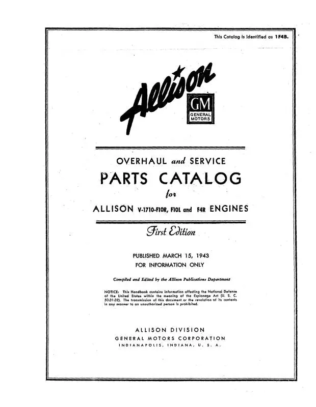 Allison Allisonv-1710-F10r,L,F4r 1943 Illustrates Parts, Overhaul & Service (Af4b) 1