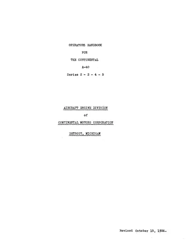Continental A-40 Series 1,2,3 1936 Operator's Handbook (Coa40-1,2,3-Opc) 1