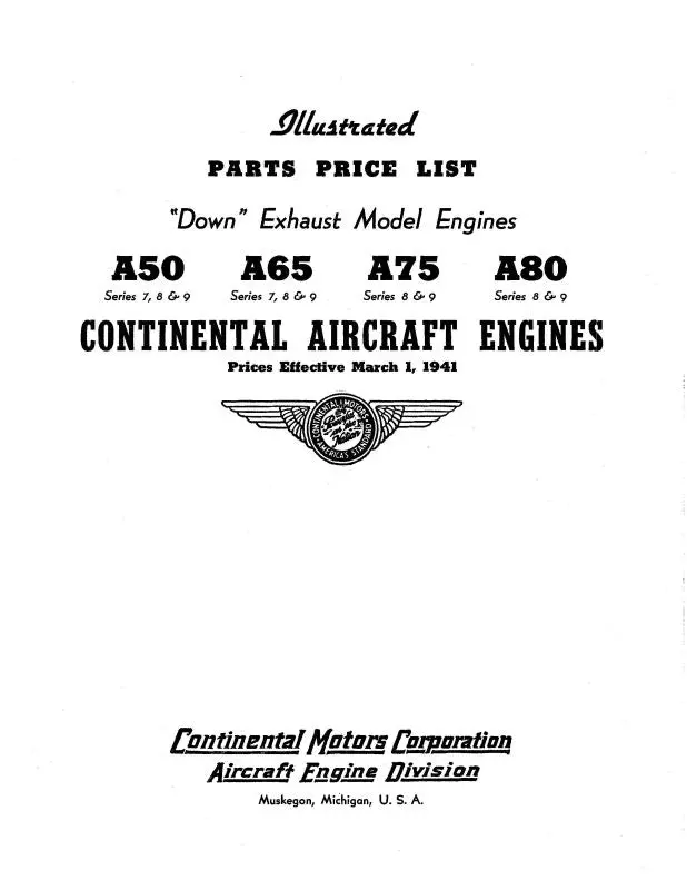 Continental A50, A65, A75, A80 Parts Price List (Coa50,65,75-P-C) 1