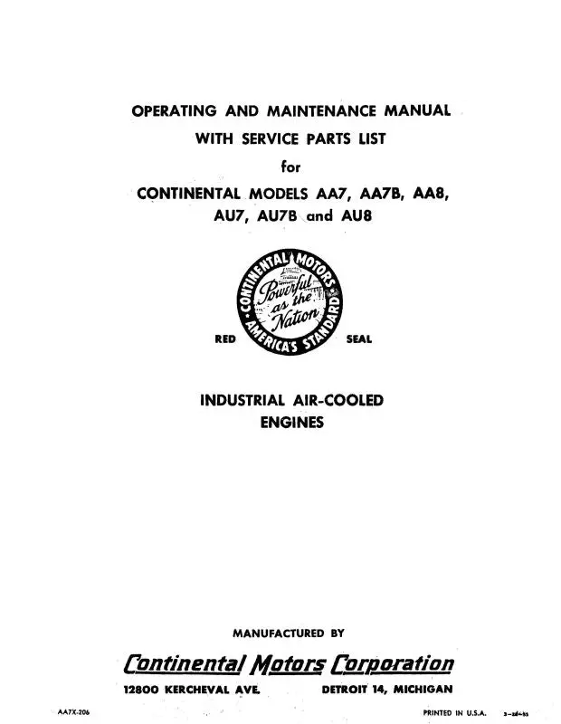 Continental Models Aa7,B,Aa8,Au7,B,Au8 Operating And Maintenance With Parts (Aa7x-269) 1