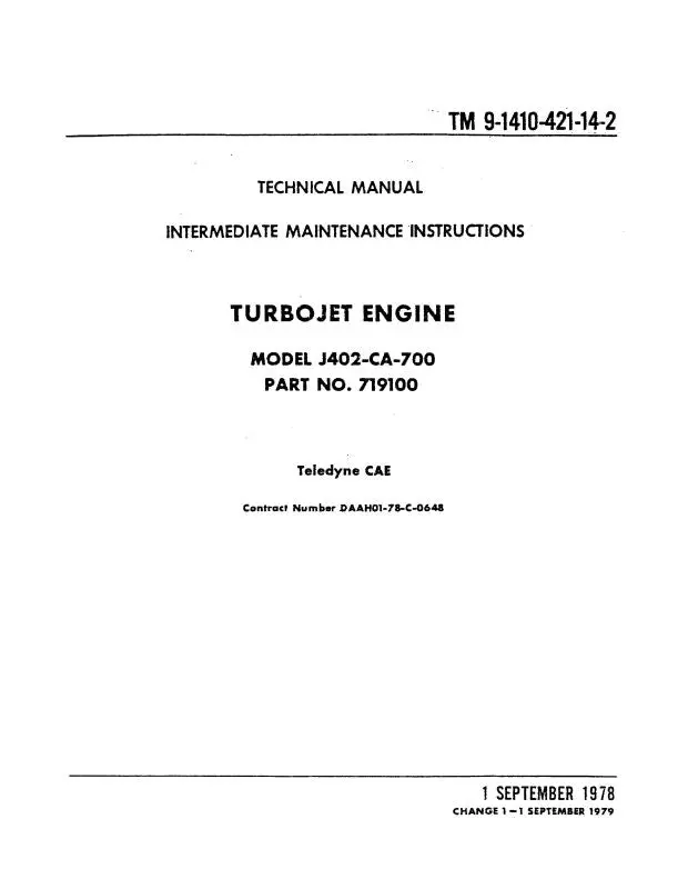 Continental J402-Ca-700 Turbo Jet Engine Intermediate Maintenance Instructions (9-1410-421-14-2) 1