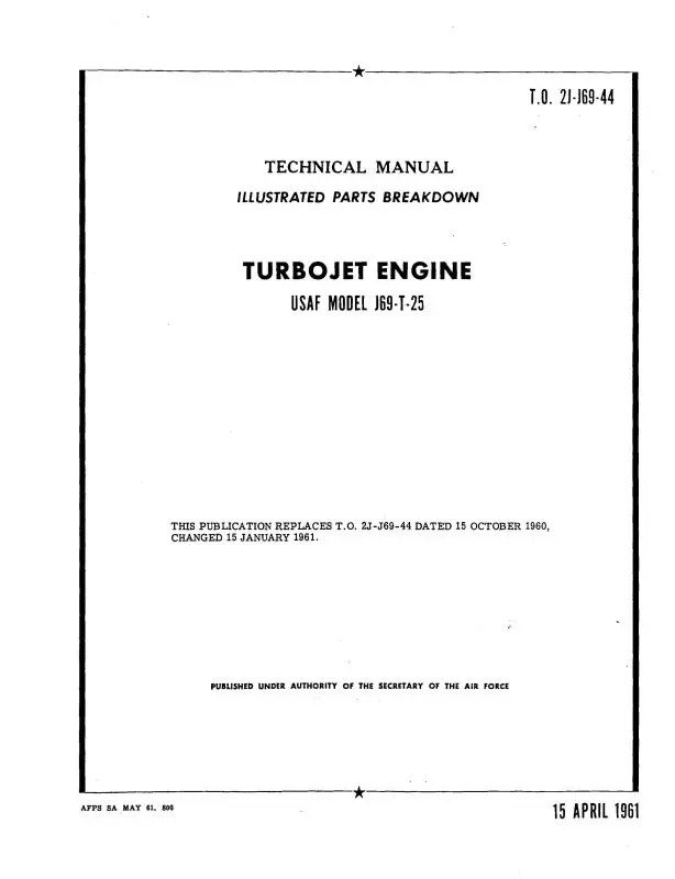 Continental Usaf Model J69-T-25 1961 Parts Manual (2J-J69-44) 1