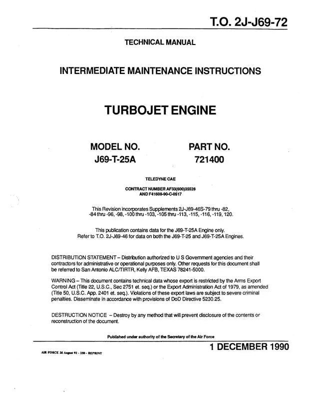 Continental J69-T-25A Turbo Jet Engine Maintenance Manual (2J-J69-72) 1