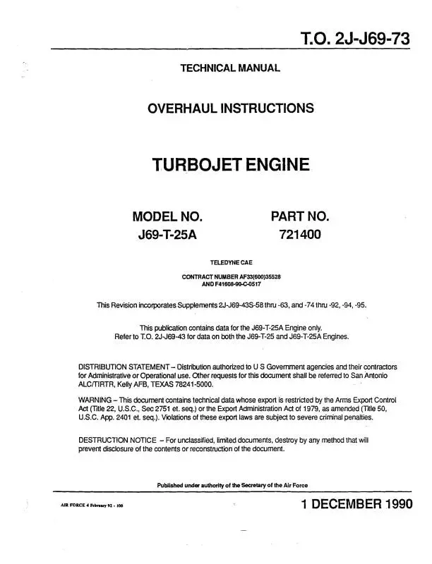 Continental J69-T-25A Turbo Jet Engine Overhaul Instructions (2J-J69-73) 1