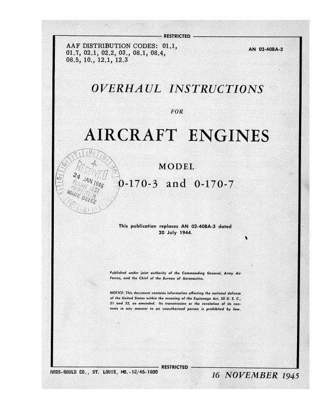 Continental O-170-3 And O-170-7 Overhaul Instructions (02-40Ba-3) 1