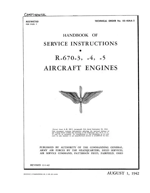 Continental R-670-3, -4, -5 1942 Maintenance Instructions (02-40Aa-2-42) 1