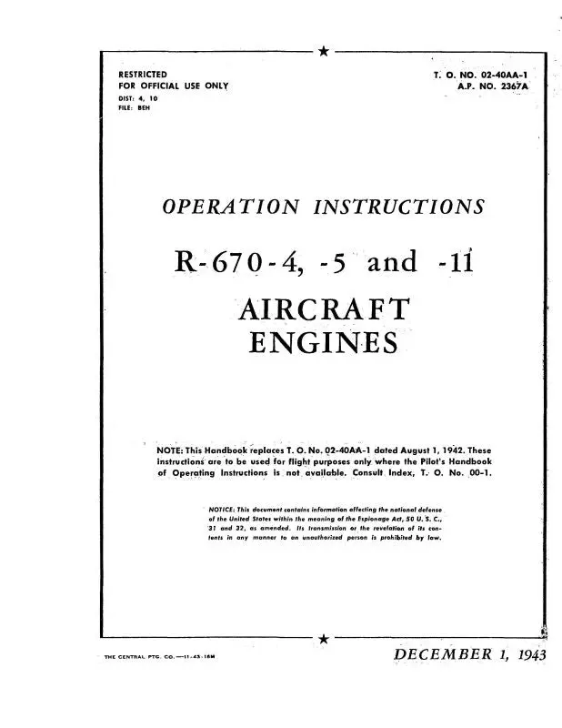 Continental R-670-4, -5, -11 1943 Operation Instructions (02-40Aa-1) 1