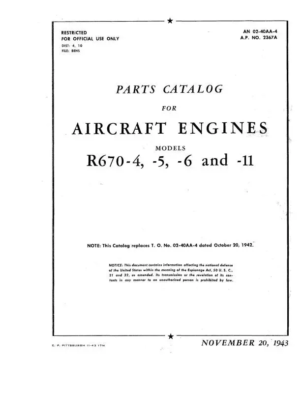 Continental R-670-4, -5, -6, -11 1943 Parts Catalog (02-40Aa-4) 1