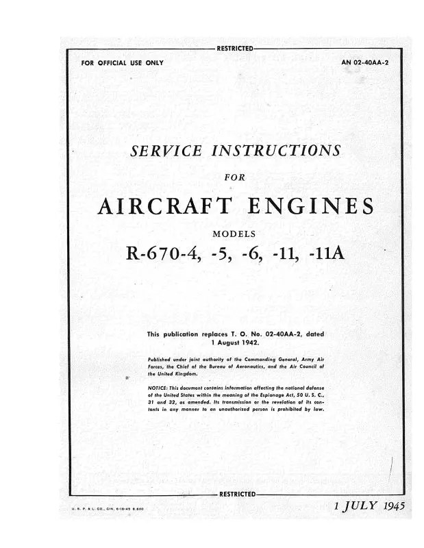 Continental R-670-4, -5, -6, -11, -11A1945 Maintenance Instructions (02-40Aa-2) 1