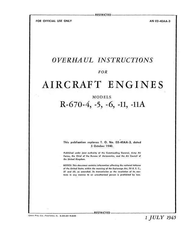 Continental R-670-4, -5, -6,-11,-11A 1945 Overhaul Instructions (02-40Aa-3) 1