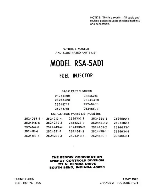 Bendix Rsa-5Ad1 Fuel Injector 1975 Overhaul, Parts (15-381D) 1