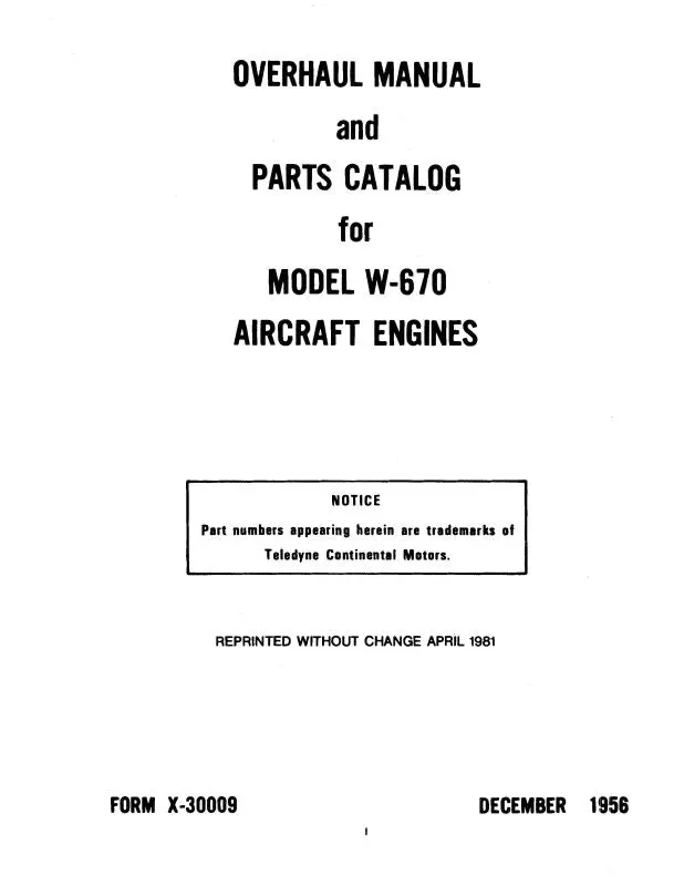 Continental W-670 Aircraft Engines Overhaul & Parts Catalog (X-30009) 1
