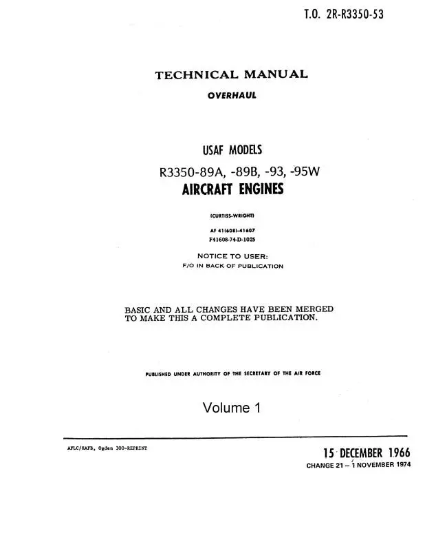 Curtiss-Wright R3350-89A, 89B, 93, 95W 3 Volumes Overhaul Manual (2R-R3350-53) 1