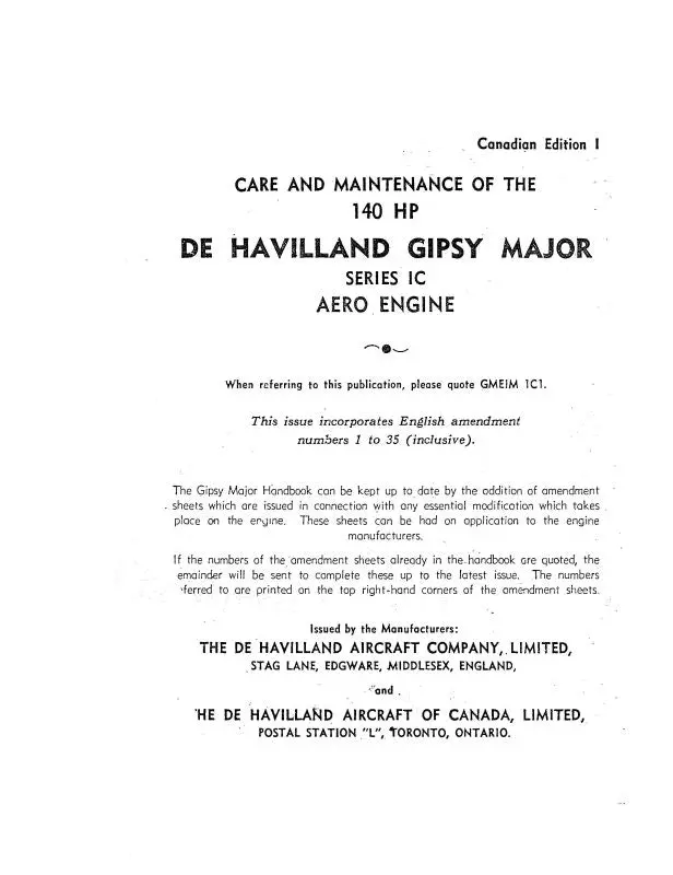 Dehavilland Gipsy Major Series 1C 140 Hp Maintenance & Care (Gmeim-1C1) 1