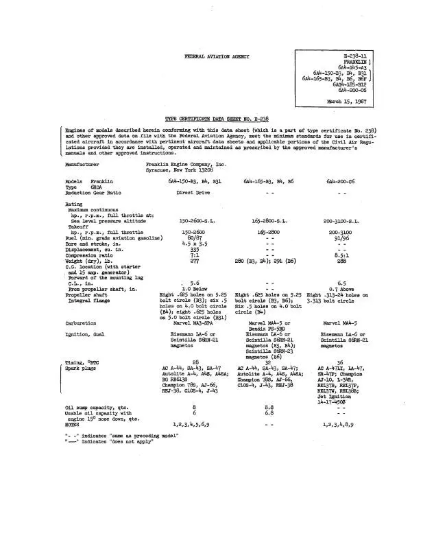 Franklin 6A4-145-A3 Thru200-C6 # E-238 Aircraft  Specifications (Fr6a4150b3-Sp-C) 1