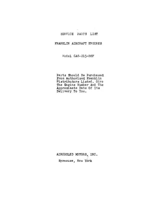 Franklin 6A8-215-B8f 1952 Parts Catalog (Fr6a82158f52p) 1