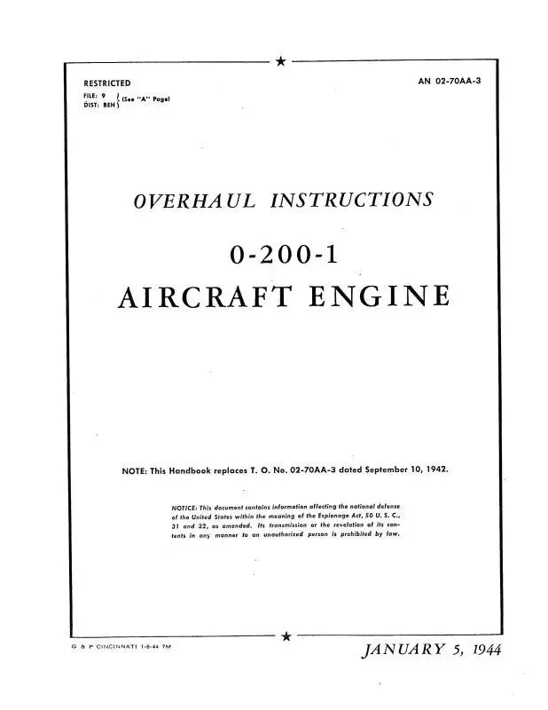 Franklin O-200-1 Aircraft Engines 1944 Overhaul Manual (02-70Aa-3) 1