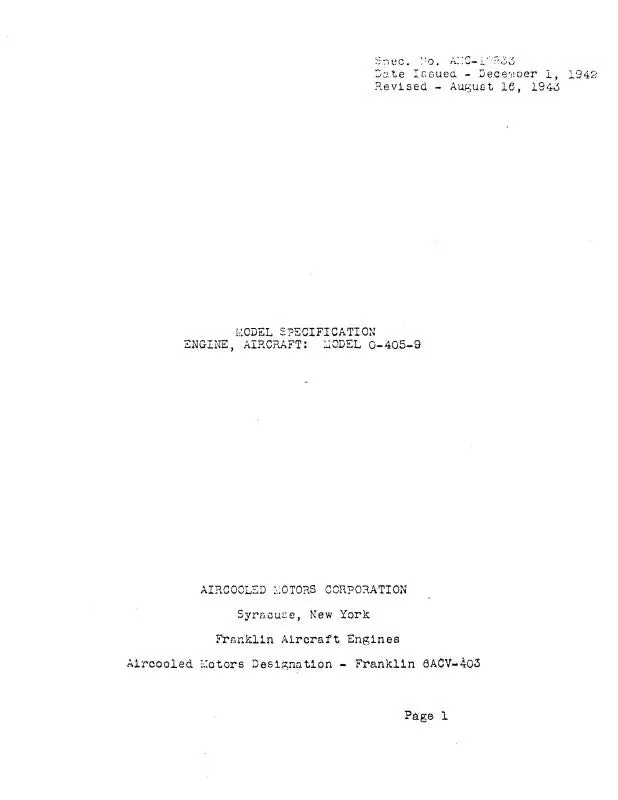 Franklin O-405-9 Engine 1942 Engine Aircraft Specifications (Amc-12933) 1