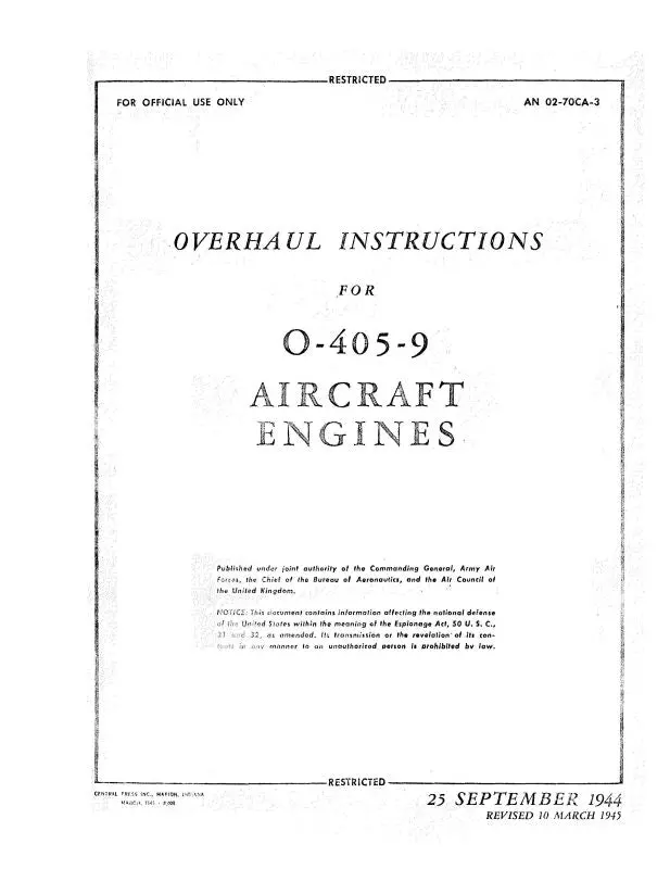 Franklin O-405-9 Engine 1944 Overhaul Instructions (02-70Ca-3) 1
