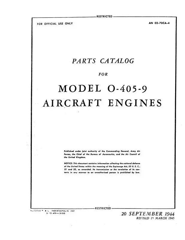 Franklin O-405-9 Engine 1944 Parts Catalog (02-70Ca-4) 1