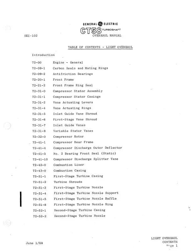 General Electric Company Ct58 Turboshaft Engines Overhaul Manual (Sei-102) 1