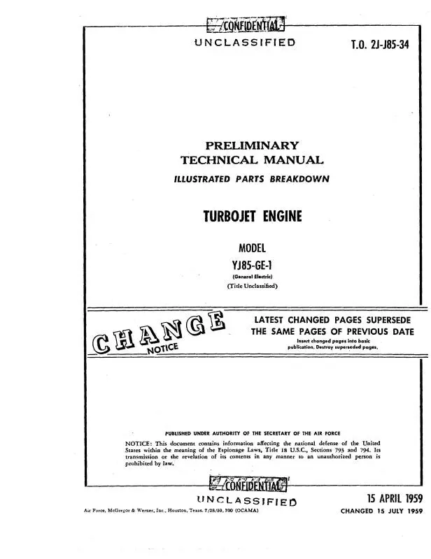 General Electric Company Yj85-Ge-1 Turbojet Engine 1959 Illustrated Parts (2J-J85-34) 1