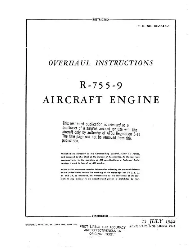 Jacobs R-755-9 Engine Overhaul Instructions (02-30Ac-3) 1