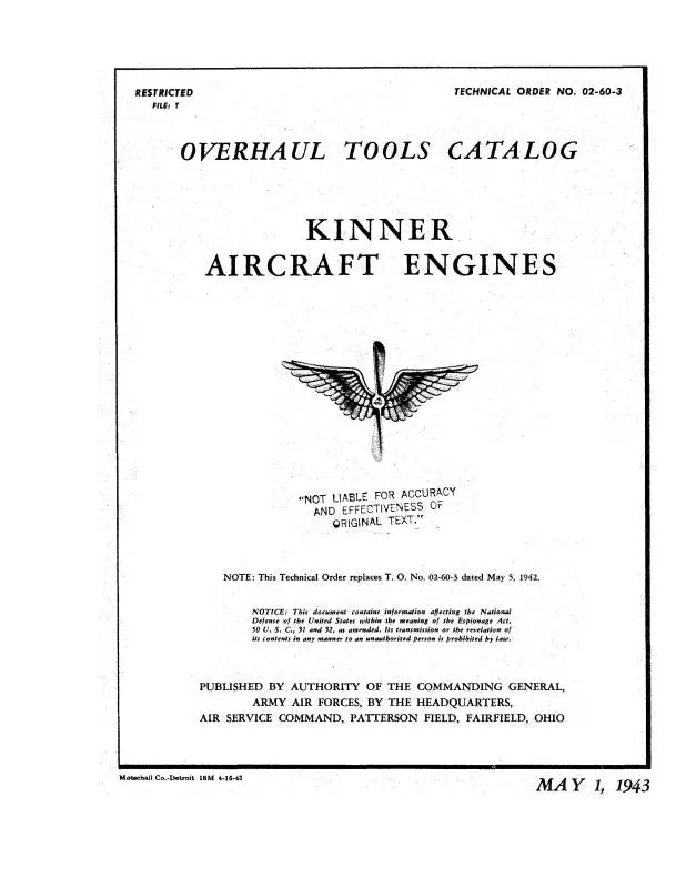 Kinner R-440-1, -3, R-540-1, -3 1943 Overhaul Tools Catalog (02-60-3) 1