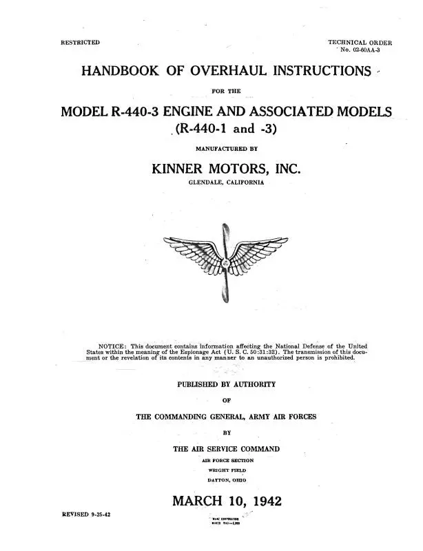 Kinner R-440-1, -3 1942 Overhaul Instructions (02-60Aa-3) 1