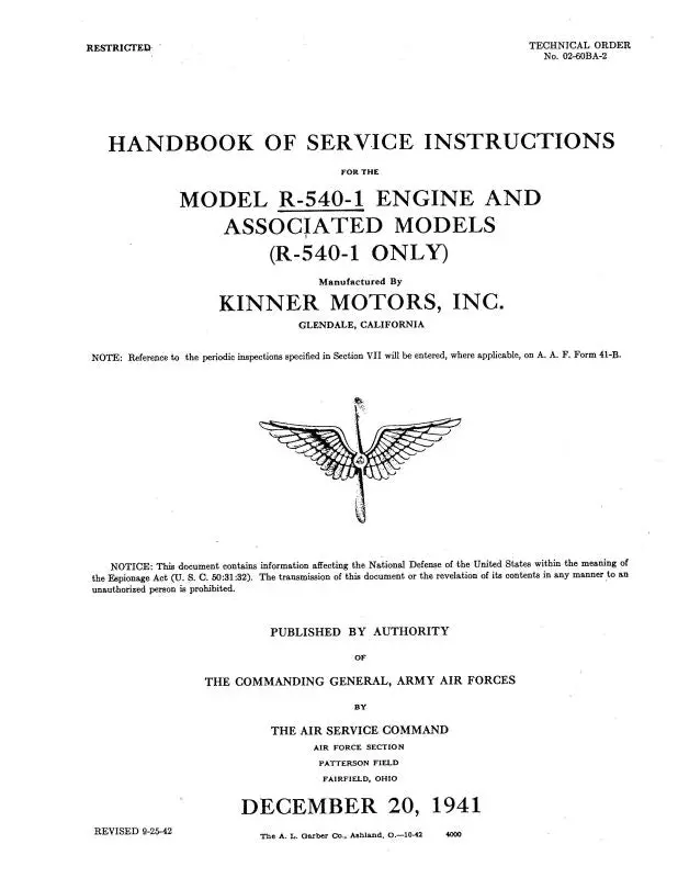 Kinner R-540-1Engine 1941 Handbook Of Maintenance Instructions Manual (02-60Ba-2) 1