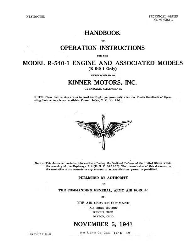 Kinner R-540-1Engine 1942 Handbook Of Operation Instructions Manual (02-60Ba-1) 1