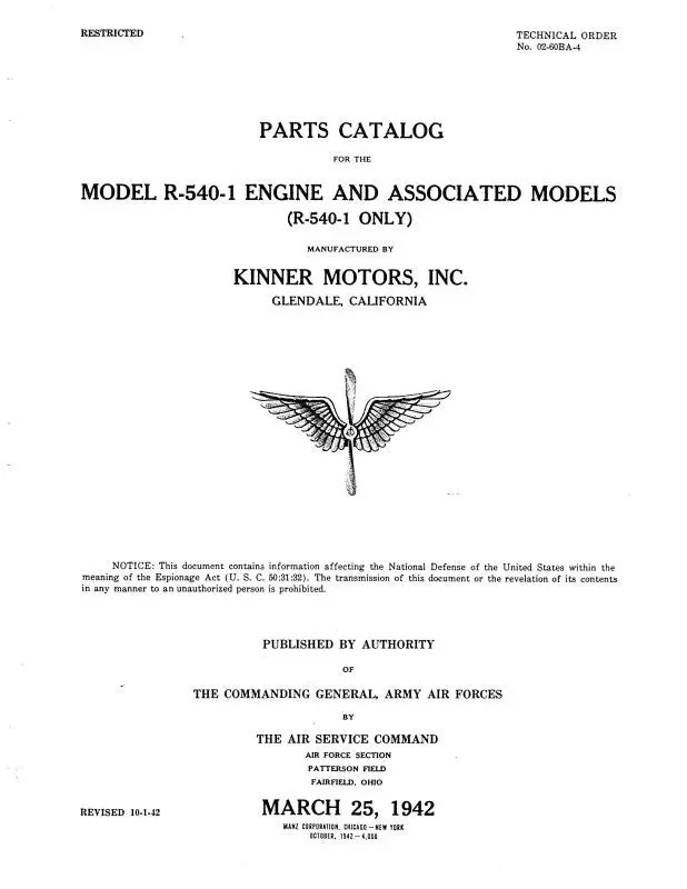 Kinner R-540-1Engine 1942 Parts Catalog (02-60Ba-4) 1