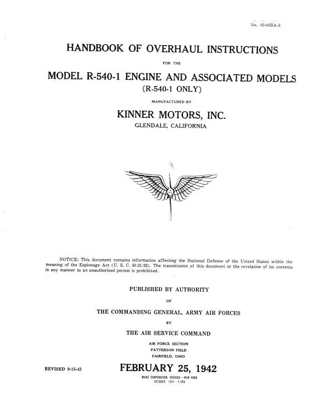 Kinner R-540-1 Engine Overhaul Instructions (02-60Ba-3) 1