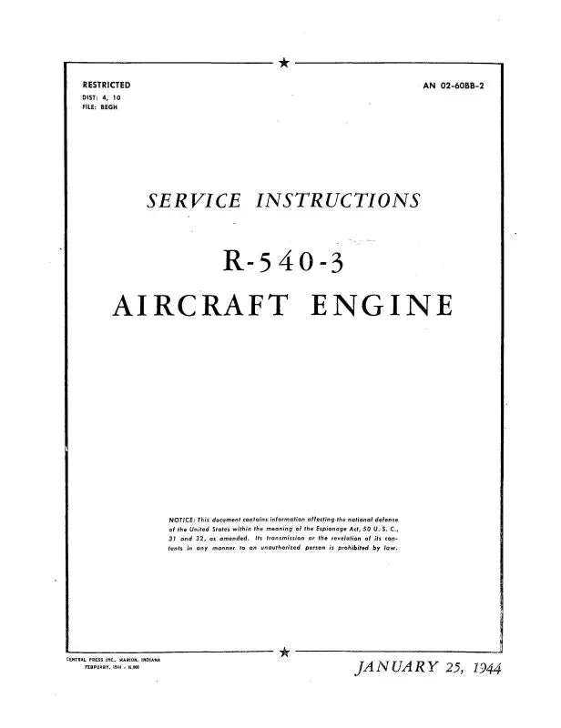 Kinner R-540-3 Engine 1944 Maintenance Manual (02-60Bb-2) 1