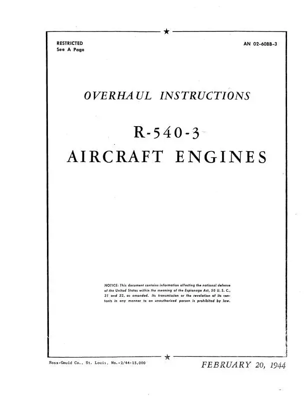 Kinner R-540-3 Engine 1944 Overhaul Instructions (02-60Bb-3) 1
