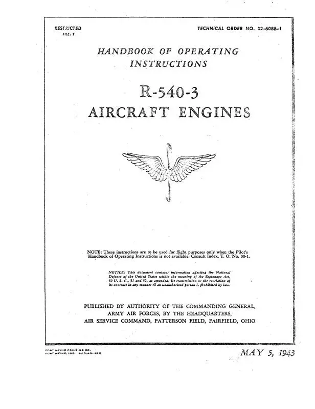 Kinner R-540-3 Engine 1943 Handbook Of Operating Instructions Manual (02-60Bb-1) 1