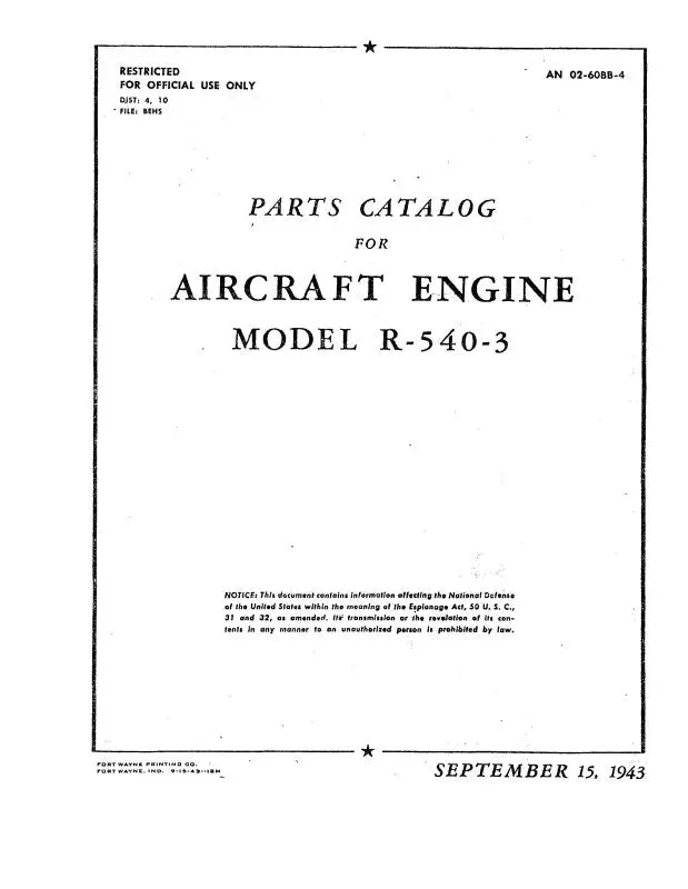 Kinner R-540-3 Engine Parts Catalog (02-60Bb-4) 1