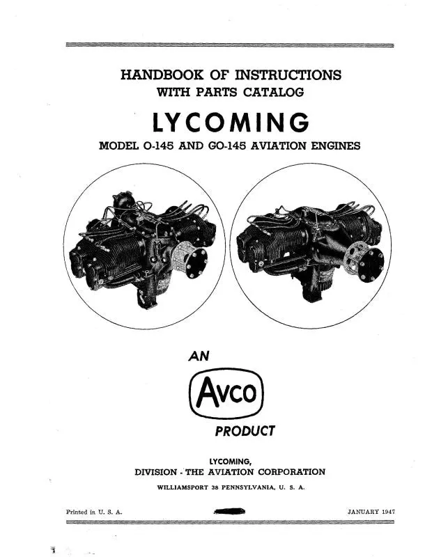 Lycoming O-145, Go-145 Instructions With Parts (Lyo145,Go145-In) 1