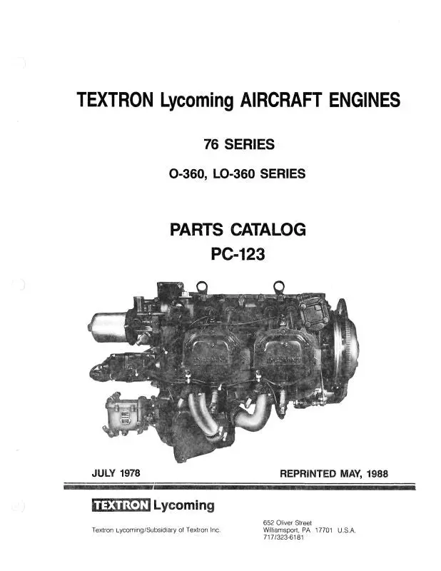 Lycoming O-360, Lo-360 76 Series Parts Catalog Pc-123 (Pc-123) 1