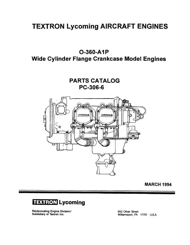 Lycoming O-360-A1p 1994 Parts Catalog Pc-306-6 (Pc-306-6) 1