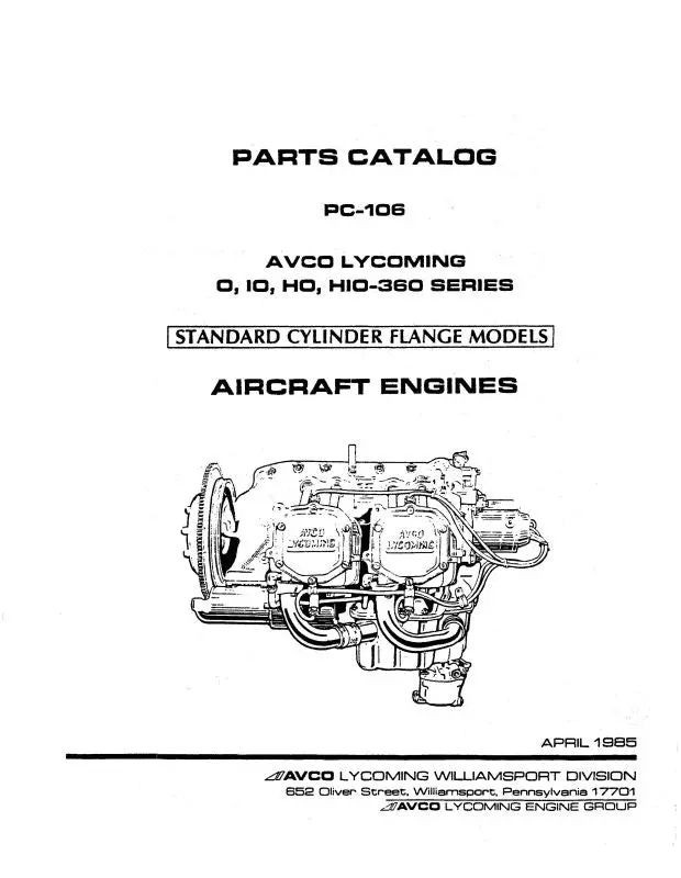 Lycoming O,Io,Ho,Hio-360 Series 1985 Parts Catalog Pc-106 (Pc-106) 1