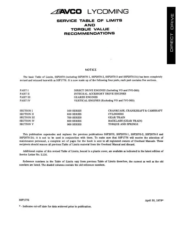 Lycoming Vo, Ivo-360 Table Of Limits Table Of Limits And Torque Value Recommendations (Ssp1776) 1